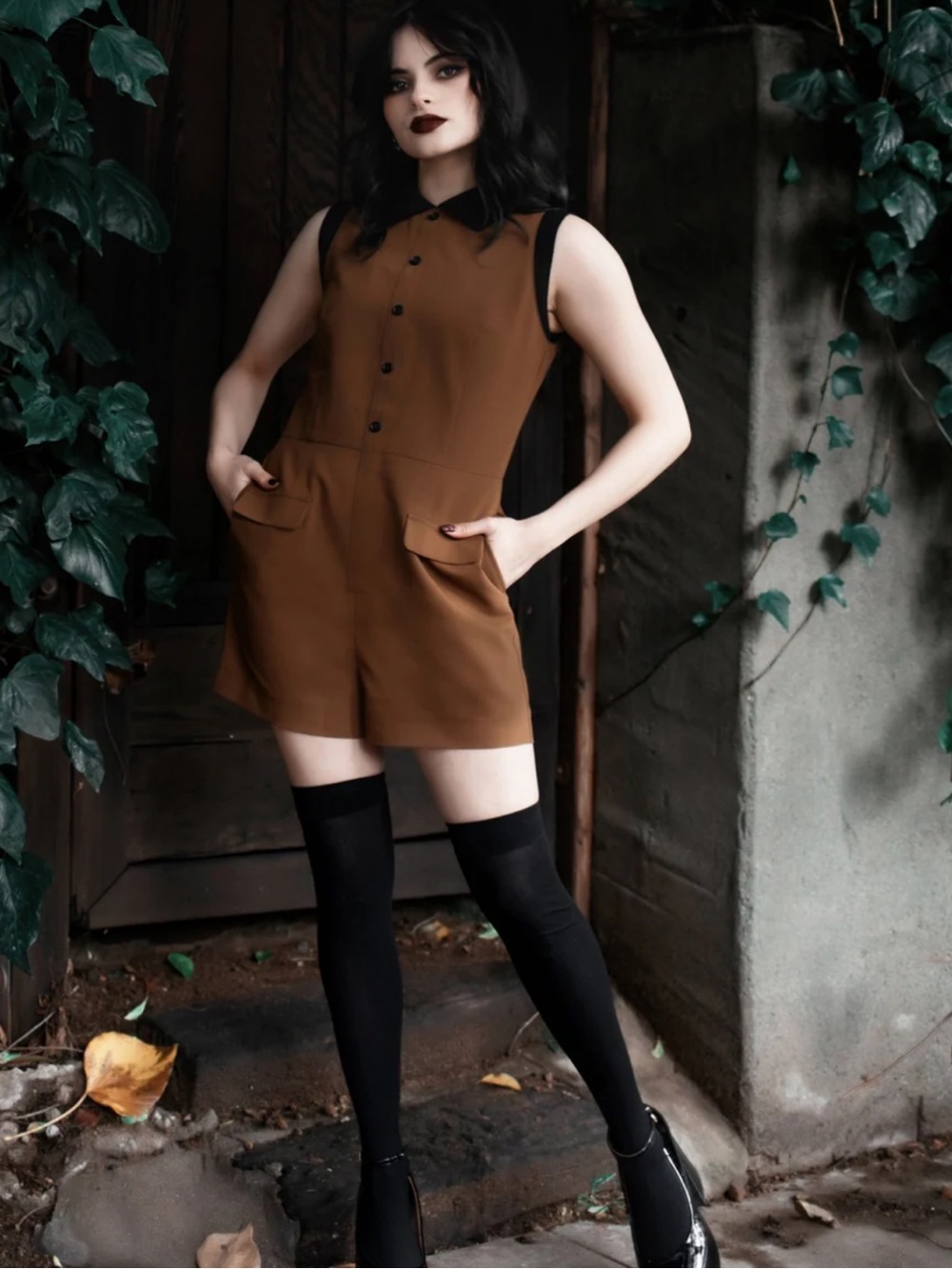 Lively Ghosts Brown Sleeveless Romper with Black Collar - Picture 5 of 5
